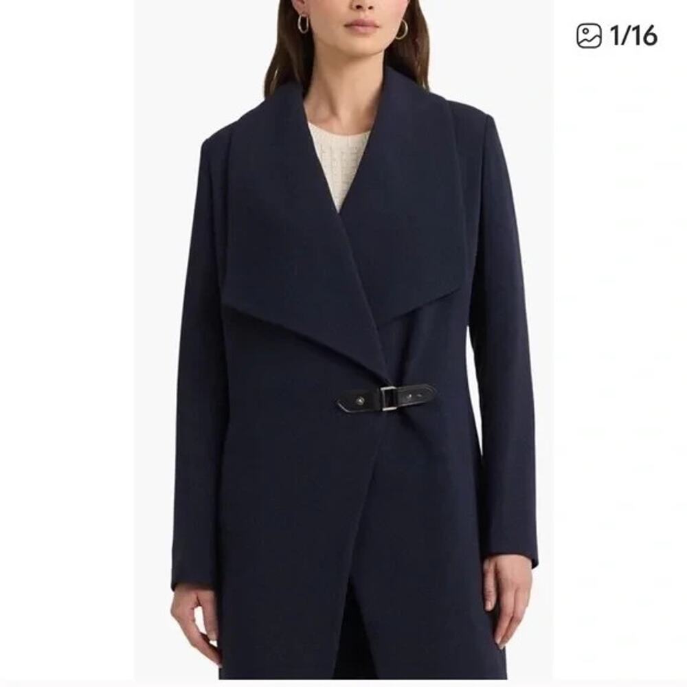 Ralph Lauren BLACK Wool Shawl Buckle Drape-Front Coat Size 4 $340